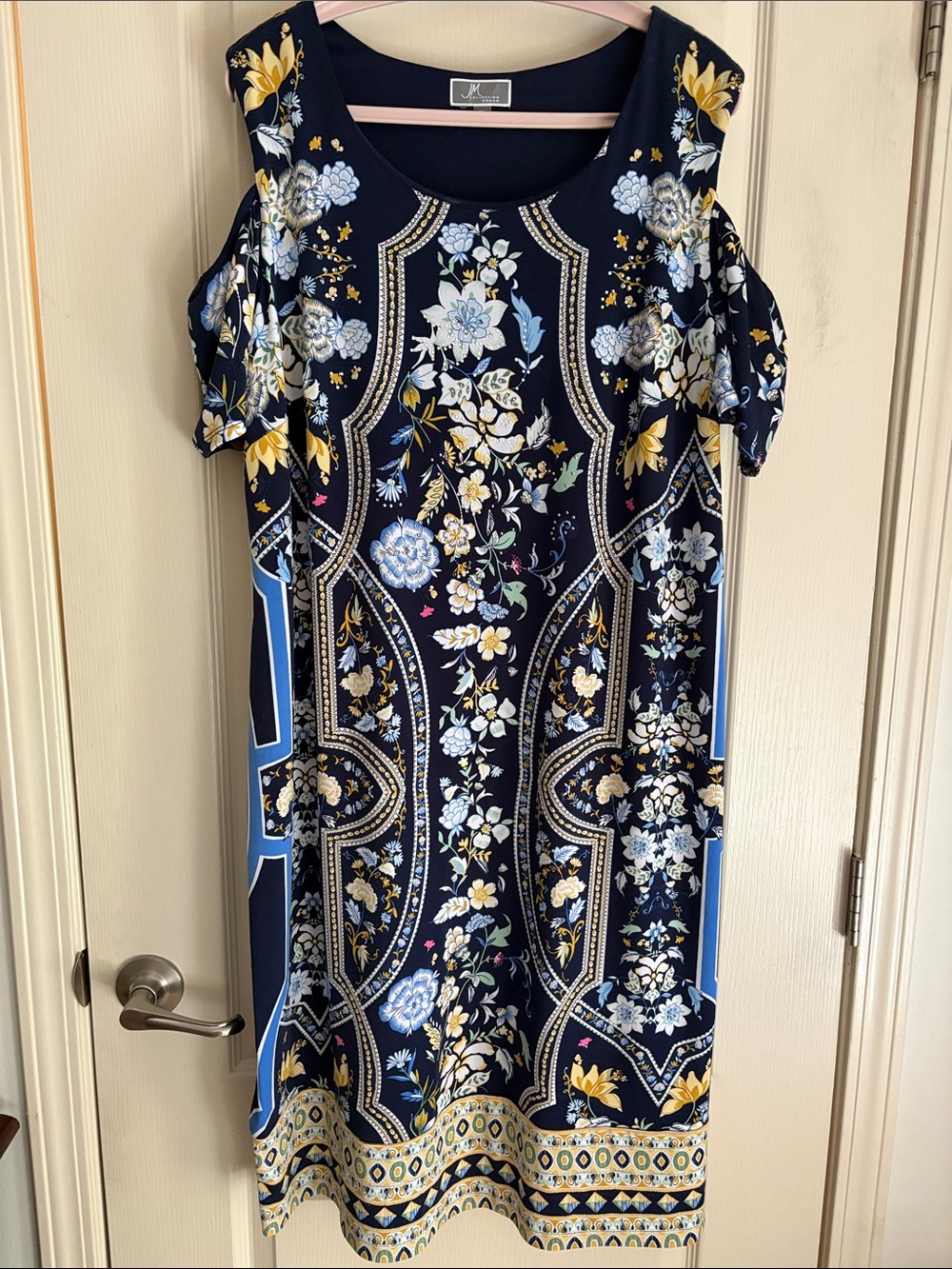 JM Collection Navy Floral Cold-Shoulder Shift Dress with Yellow Accents